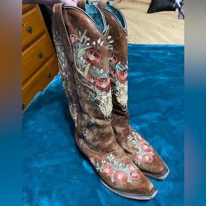 Corral Bull Skull Floral Tall Brown Cowboy Boots